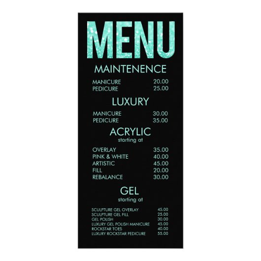 Turquoise Glitter Typografie Salon Menu Kaarten (Voorkant)
