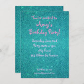 Turquoise glitter verjaardagsuitnodiging kaart (Voorkant / Achterkant)