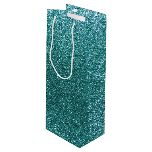 Turquoise glitter wijn cadeautas (Voorkant Gekanteld)