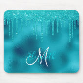 Turquoise Glitterdruppel Gepersonaliseerd Monogram Muismat (Voorkant)