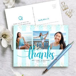Turquoise glitters 3 foto afstudeer bedankt briefkaart