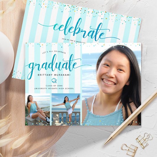 Turquoise glitterscript afstudeerfoto collage kaart
