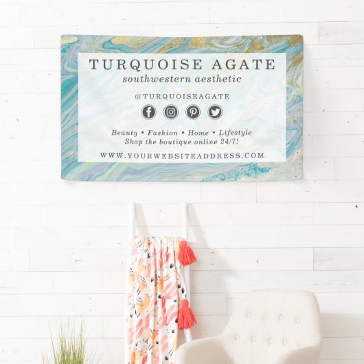 Turquoise & Gold Agate Stone Geode Marble Swirl Spandoek (Insitu)