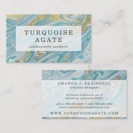 Turquoise & Gold Agate Stone Geode Marble Swirl Visitekaartje (Voorkant / Achterkant)