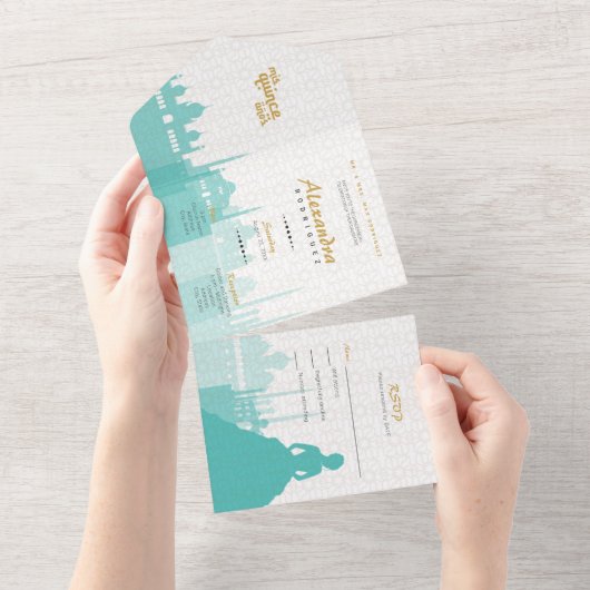 Turquoise & Gold Arabian Quinceañera Foto All In One Uitnodiging (Afscheurbaar)