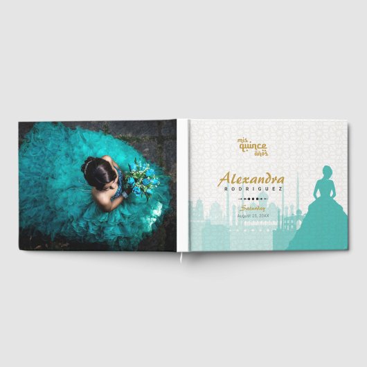Turquoise & Gold Arabian Quinceañera Gastenboek (Volledig)