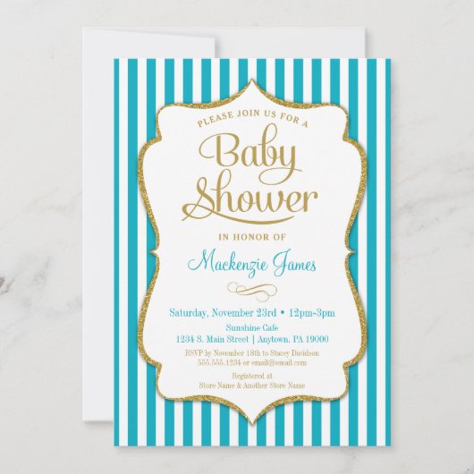 Turquoise Gold Baby shower Invitation Neutral Aqua Kaart (Voorkant)