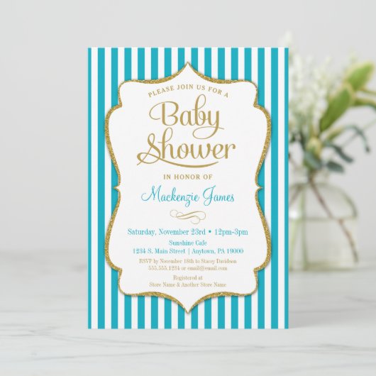 Turquoise Gold Baby shower Invitation Neutral Aqua Kaart (Staand voorkant)