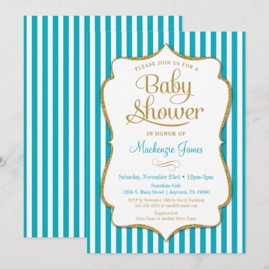 Turquoise Gold Baby shower Invitation Neutral Aqua Kaart (Voorkant / Achterkant)