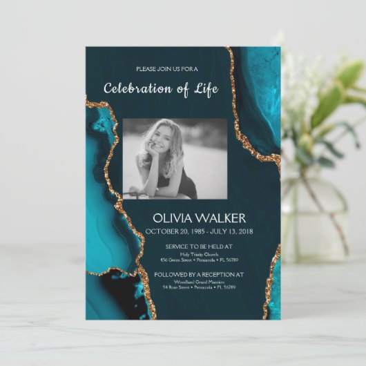 Turquoise & Gold begrafenis vieren van het leven Kaart (Staand voorkant)