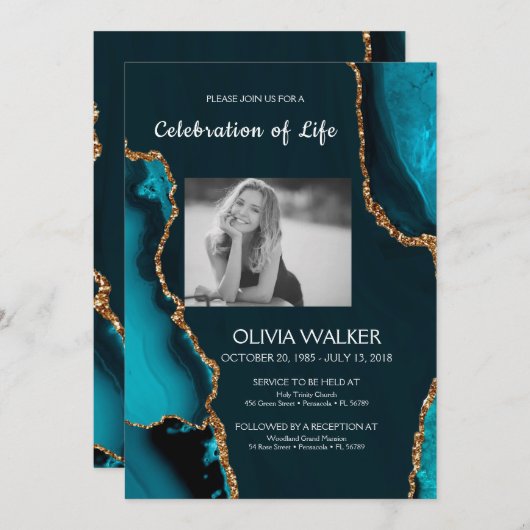 Turquoise & Gold begrafenis vieren van het leven Kaart (Voorkant / Achterkant)