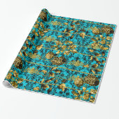 Turquoise Gold Black Acanthus Leaf Floral Elegant Cadeaupapier (Uitgerold)