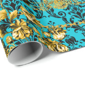 Turquoise Gold Black Acanthus Leaf Floral Elegant Cadeaupapier (Rol Hoek)