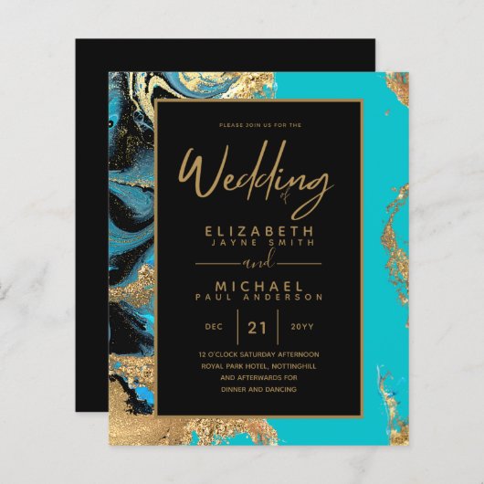 Turquoise Gold Black Agate Budget Wedding Invites (Voorkant / Achterkant)