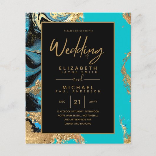 Turquoise Gold Black Agate Budget Wedding Invites (Voorkant)