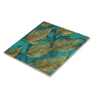 Turquoise Gold Boho Trendy Leaves Collectie Tegeltje