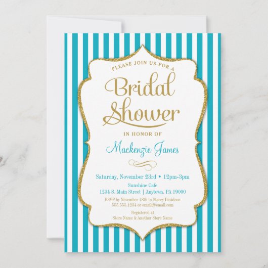 Turquoise Gold Bridal Shower Invitation Aqua Kaart (Voorkant)