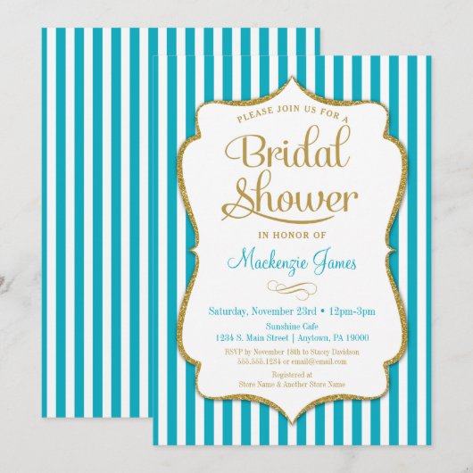 Turquoise Gold Bridal Shower Invitation Aqua Kaart (Voorkant / Achterkant)