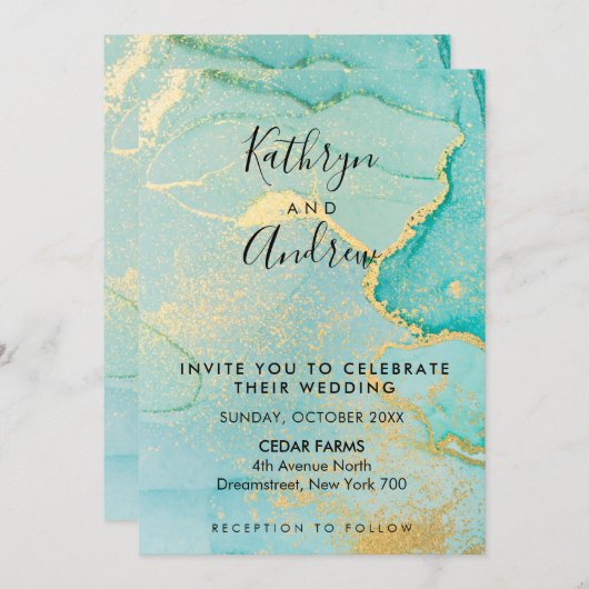 Turquoise Gold Calligraphy Invitation Kaart (Voorkant / Achterkant)