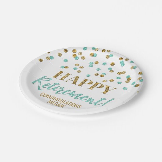 Turquoise Gold Confetti Happy Retirement Papieren Bordje (Gekanteld)