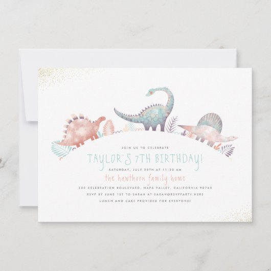 Turquoise & Gold Cute Girl Dinosaur Birthday Party Kaart (Voorkant)