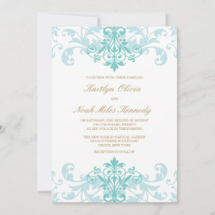 Turquoise & Gold Elegant Ironworks Classic Wedding Kaart