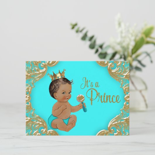 Turquoise Gold Etnische Prins Baby shower Kaart (Staand voorkant)