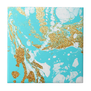Turquoise gold faux glitter modern marmerpatroon tegeltje