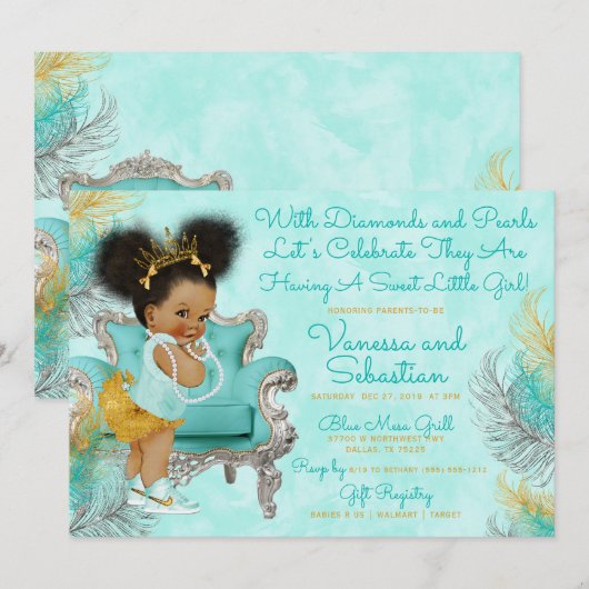 Turquoise Gold Feather Baby shower Kaart (Voorkant / Achterkant)