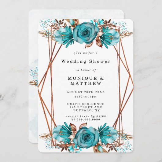 Turquoise Gold Floral Lijst Wedding Shower Invites (Voorkant / Achterkant)