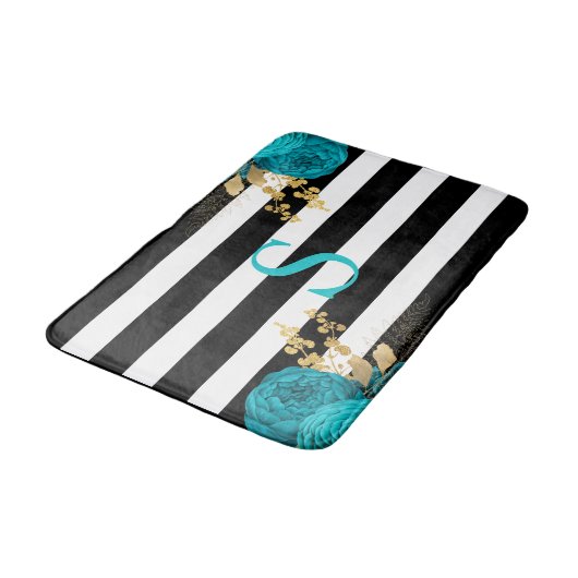 Turquoise Gold Floral Monogram Black White Stripes Badmat (Gekanteld)
