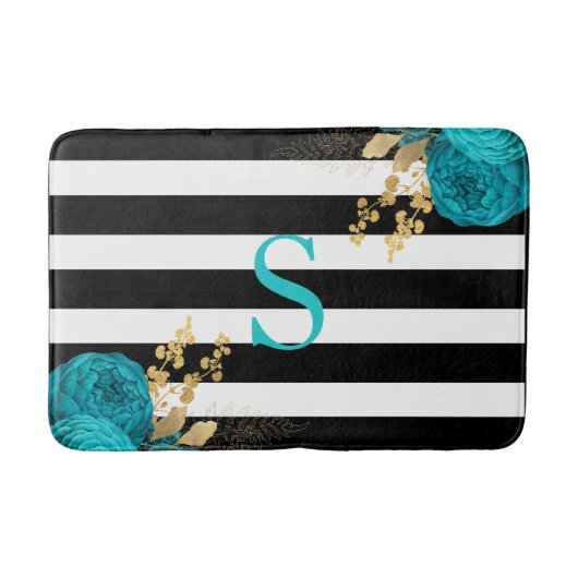 Turquoise Gold Floral Monogram Black White Stripes Badmat (Voorkant)