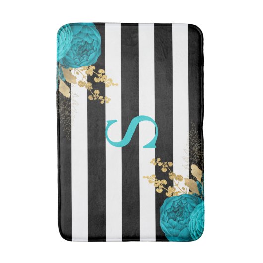 Turquoise Gold Floral Monogram Black White Stripes Badmat (Voorkant Verticaal)