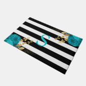 Turquoise Gold Floral Monogram Black White Stripes Deurmat (Schuin)