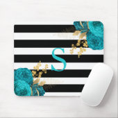 Turquoise Gold Floral Monogram Black White Stripes Muismat (Met muis)
