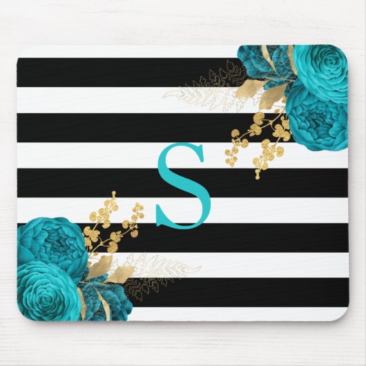 Turquoise Gold Floral Monogram Black White Stripes Muismat (Voorkant)