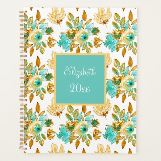 Turquoise & Gold Floral Personalized Planner (Voorkant)