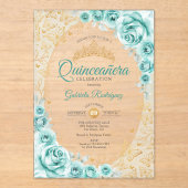 Turquoise Gold Floral Quinceanera Acryl Uitnodigingen (Voorkant)