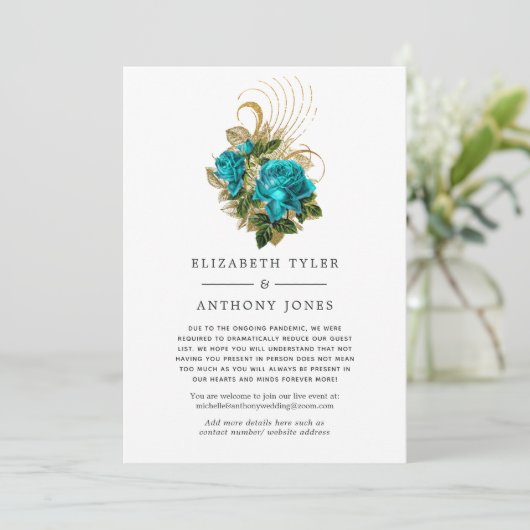Turquoise & Gold Floral Reduced Wedding Guest List Aankondiging (Staand voorkant)