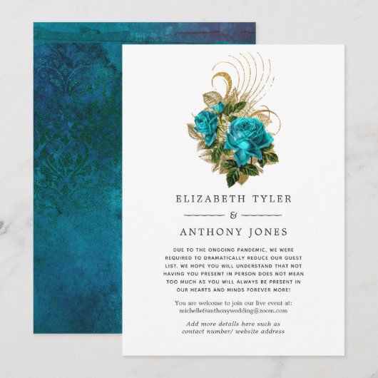 Turquoise & Gold Floral Reduced Wedding Guest List Aankondiging (Voorkant / Achterkant)