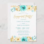 Turquoise Gold Floral Romance Engagement Party Kaart (Voorkant)