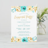 Turquoise Gold Floral Romance Engagement Party Kaart (Staand voorkant)
