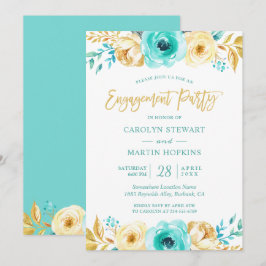 Turquoise Gold Floral Romance Engagement Party Kaart