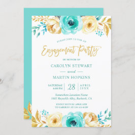 Turquoise Gold Floral Romance Engagement Party Kaart