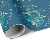 Turquoise Gold Florals Name Happy 50th Birthday Cadeaupapier (Rol Hoek)