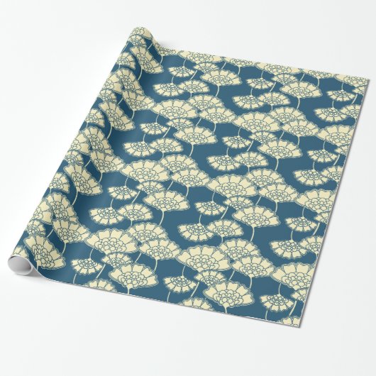 Turquoise Gold foil floral Japans patroon Cadeaupapier (Uitgerold)