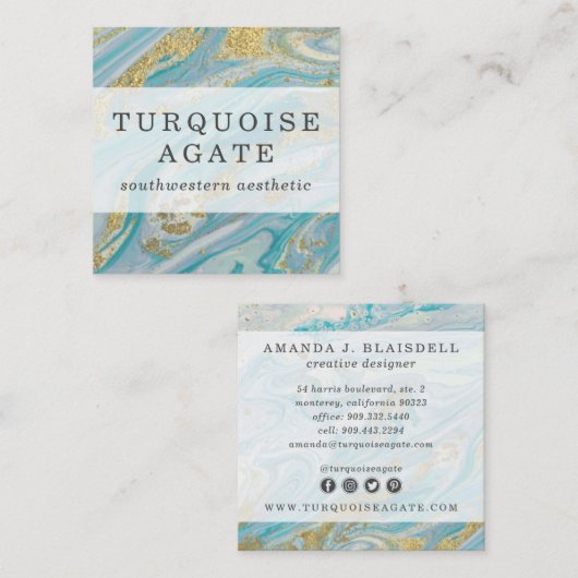 Turquoise & Gold Geode Marble Swirl Social Media Vierkante Visitekaartje (Voorkant / Achterkant)