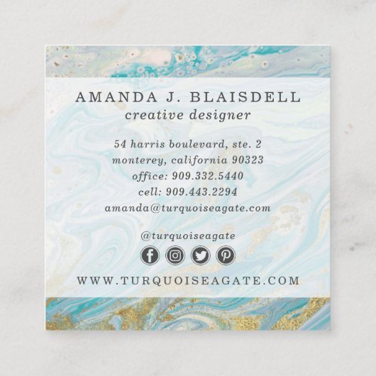 Turquoise & Gold Geode Marble Swirl Social Media Vierkante Visitekaartje (Achterkant)