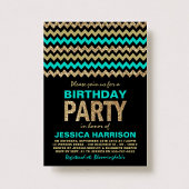 Turquoise & Gold Glitter Chevron Birthday Party Kaart