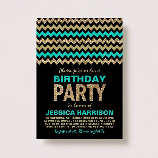 Turquoise & Gold Glitter Chevron Birthday Party Kaart